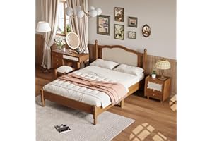 JIVOIT 3-Piece Bedroom Set - Full Size Platform Bed with Natural Rattan Headboard, Makeup Vanity & Nightstand - Vintage Walnut Finish