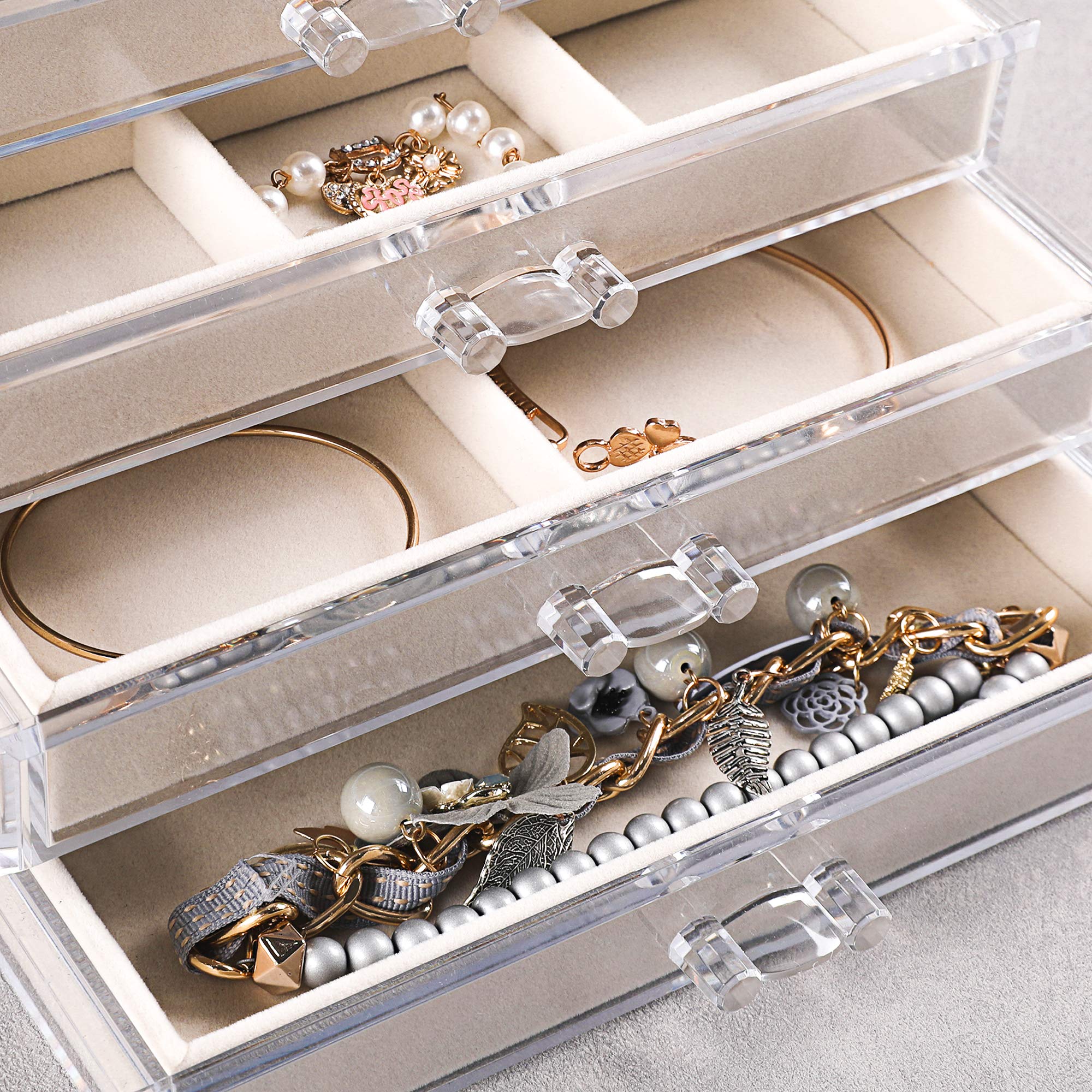 Frebeauty Frebeauty Extra Large Acrylic Jewelry Box for Women Girls 5 Layers Clear Velvet Earring Organizer with 5 Drawers Rings Display Case Necklaces Holder Tray (Beige)