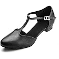 Dress First Flats Dance Shoes Women Low Heel Genuine Leather Pumps T-Strap Latin Ballroom Salsa Shoes,1"