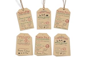 UNIMAXPRINT from Santa Christmas Gift Tags, 48 Kraft Labels with String (2x3”), 4 Vintage Santa Tags, Rustic Holiday Name Labels for Presents