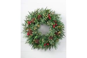 Balsam Hill 30 Inch Premium Prelit Winter Evergreen Holiday Artificial Christmas Wreath with Battery Powered Clear LED Lights