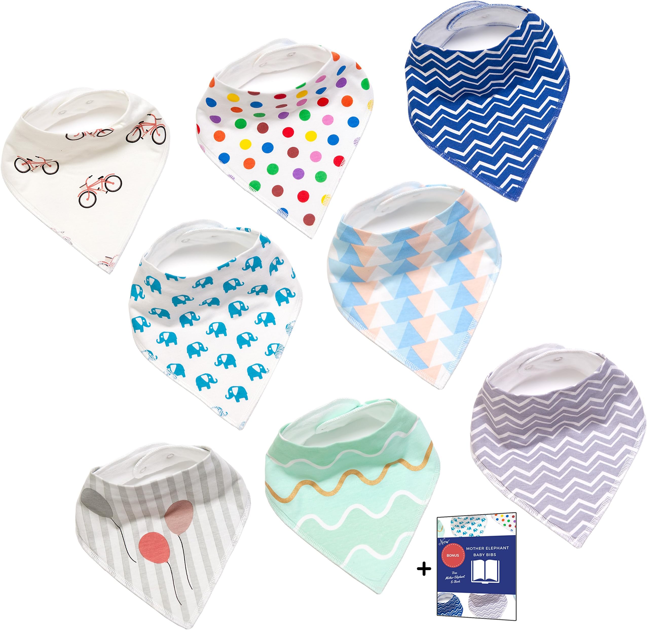 Organic Baby Bandana Drool Bibs, Soft and Absorbent, Nickel-Free Snaps, Perfect Shower Gift For Boys & Girls, For Drooling and Teething Babies, New: Bonus E-Book by Mother Elephant