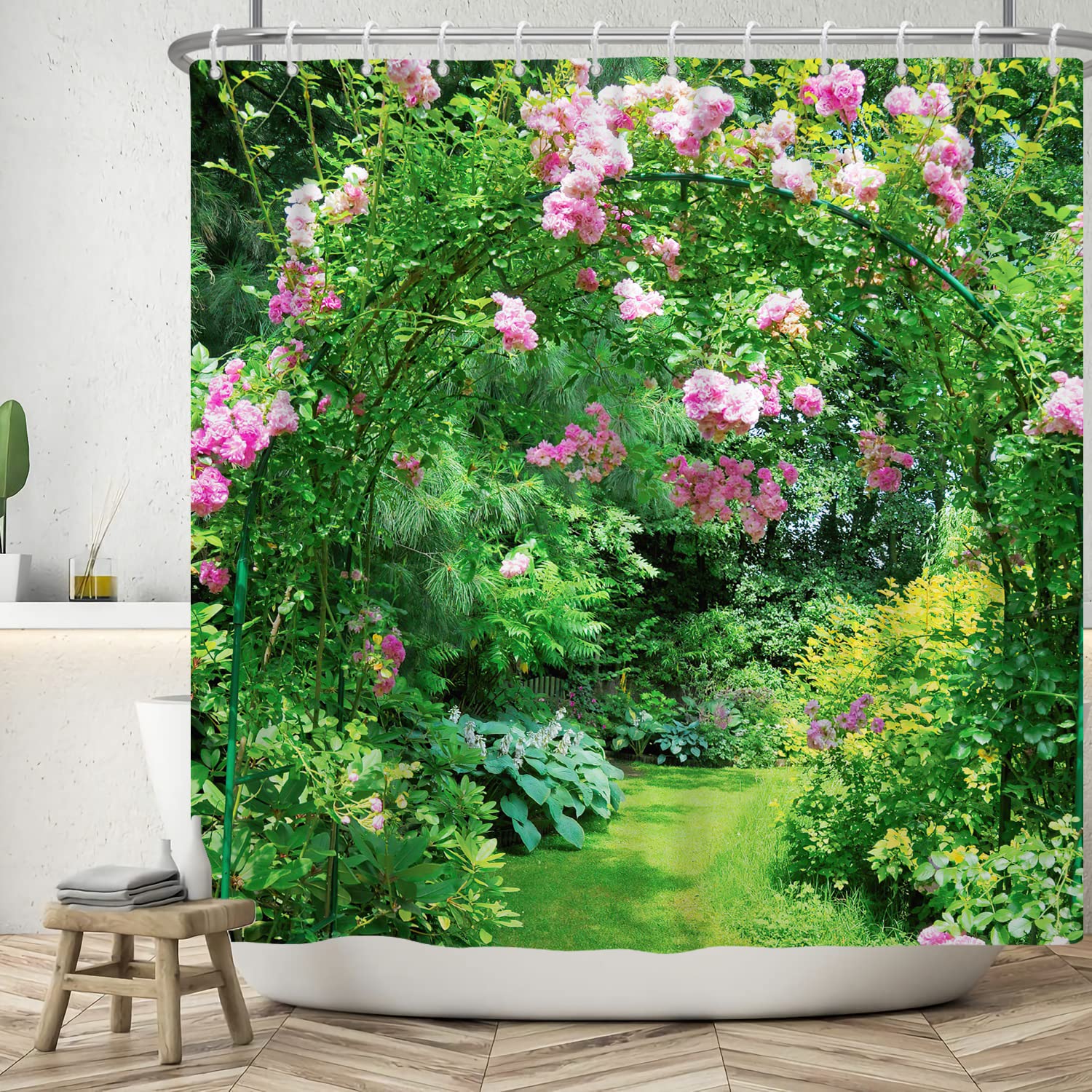 Bovlleetd 72x74inch Summer Scenery Shower Curtain 3D Forest Cabin Shower Curtains Green Plant Pink Flowers Bathroom Curtain Wreath Arch Bath Curtain Waterproof Bathtub Curtain — image 1
