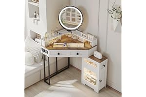 TAGELIER Corner Vanity Desk with Mirror and Lights, Modern Makeup Vanity with Charging Station & Human Sensor Light, Glass Top Dressing Table with 4 Drawers & Shelves for Bedroom (White)