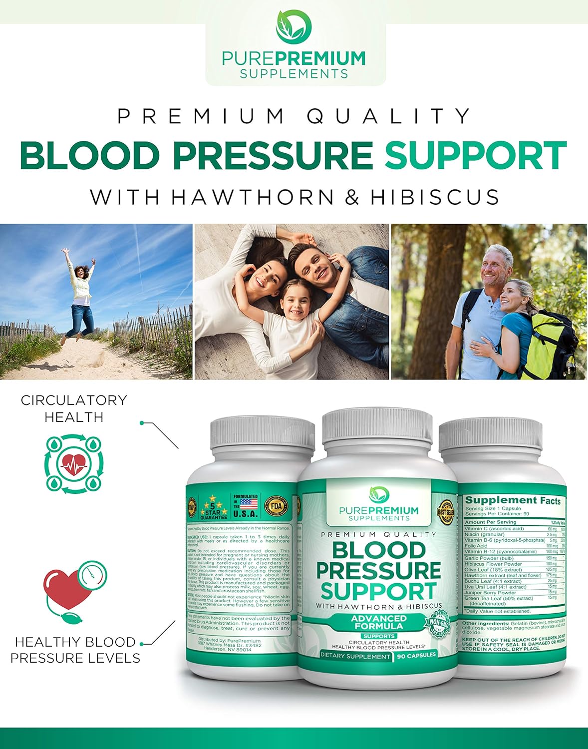 Premium Blood Pressure Support Supplement by PurePremium with Hawthorn & Hibiscus - Natural Anti-Hypertension for Cardiovascular & Circulatory Health - Vitamins & Herbs Promote Heart Health - 90 Caps: Health & Personal Care