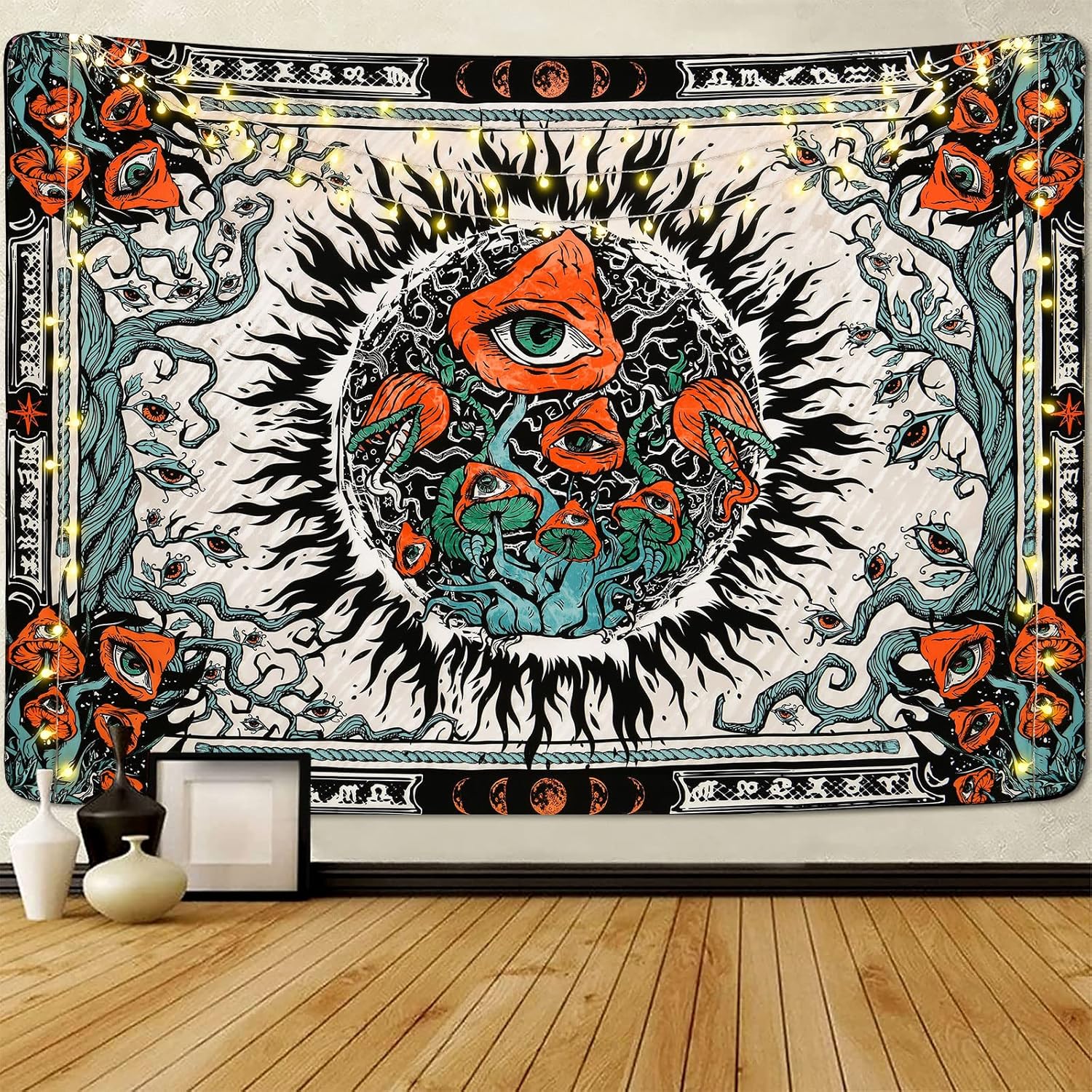 Tapestries - Lyacmy Mushroom/ Burning Sun Tapestries Hippie Eyes Tapestry Mandala Vines Moon Phase Tapestry Wall Hanging for Room(51.2 x 59.1 inches)