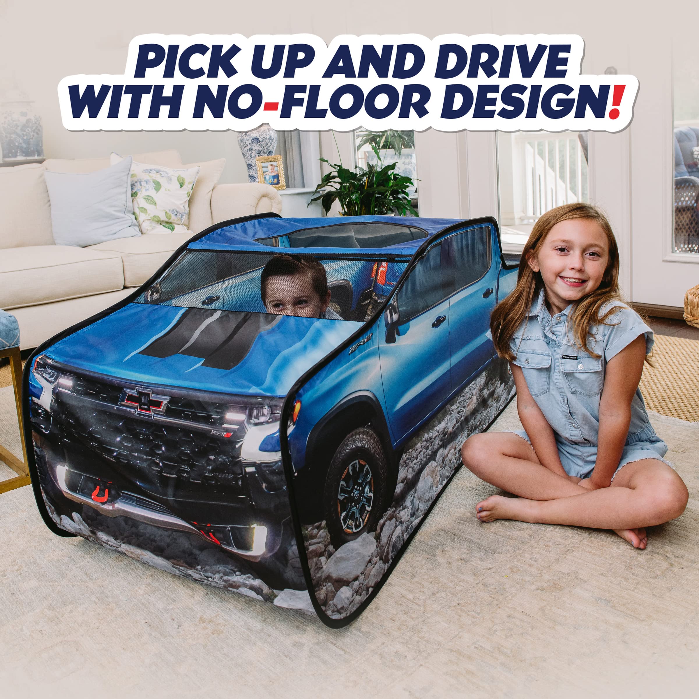 Chevy Silverado Pop Up Tent, Large Off-Road Pickup Truck Play Tent for Kids, Indoor and Outdoor Birthday Gift Boy, Blue