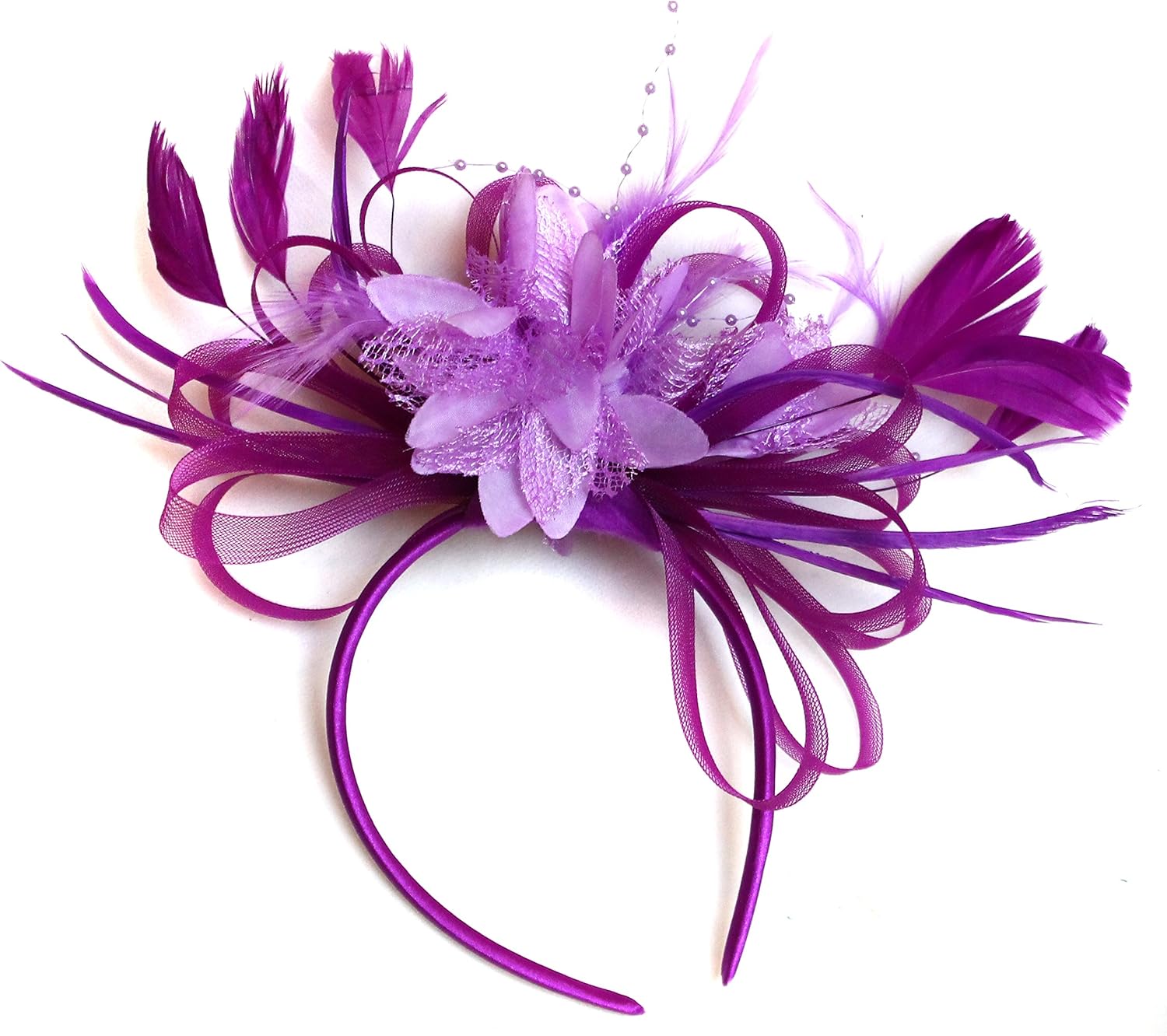 Plum Magenta and Lilac Feather Hair Fascinator Headband Wedding Royal Ascot Races Ladies Amazon