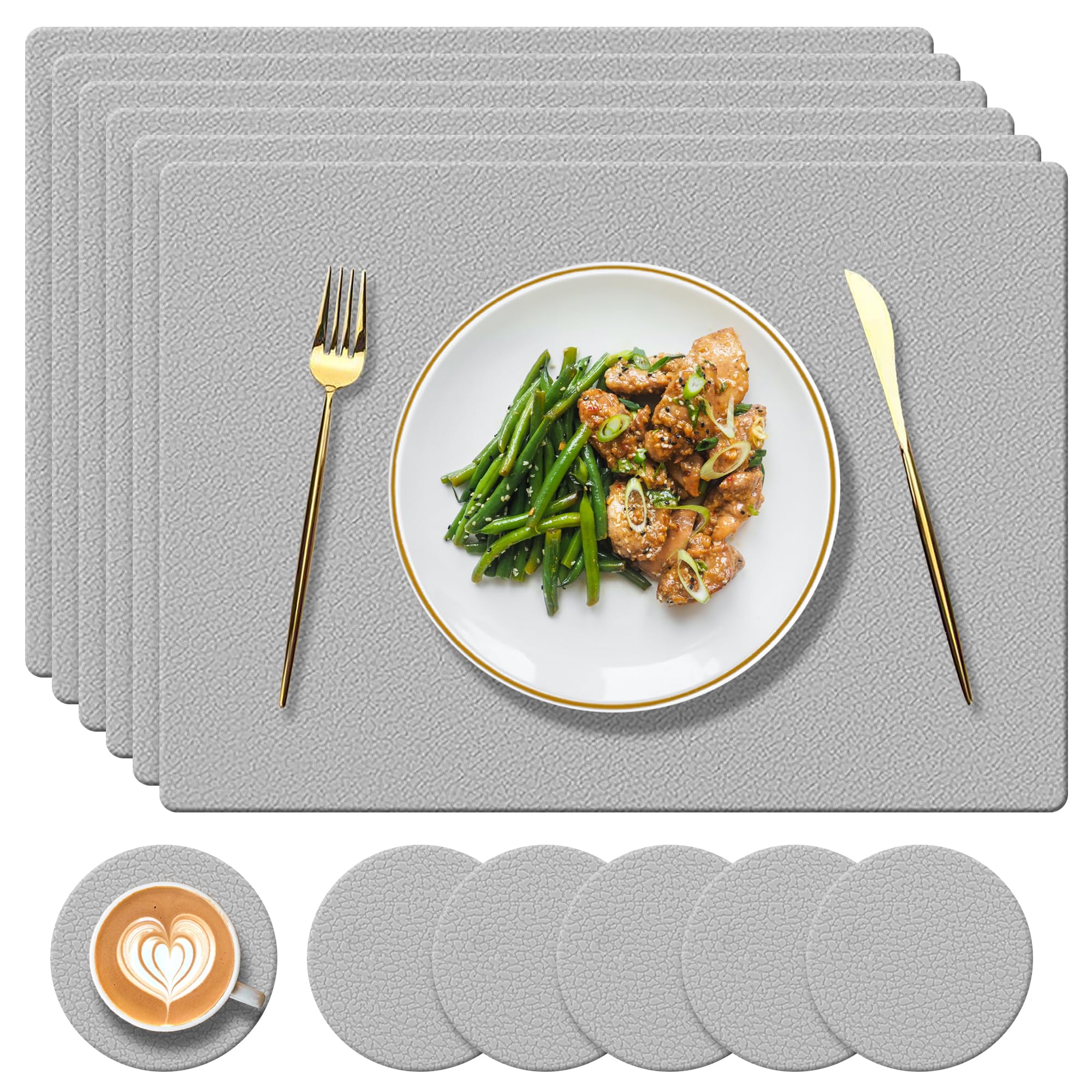 YUNJUER 6 Silicone Placemats + 6 Coasters Set, Heat-Resistant 450 °F Place Mats, Non-Slip and Washable, Decoration Accessories for Home, Hotel, Dining Table, Indoor, Outdoor, (Light Grey)