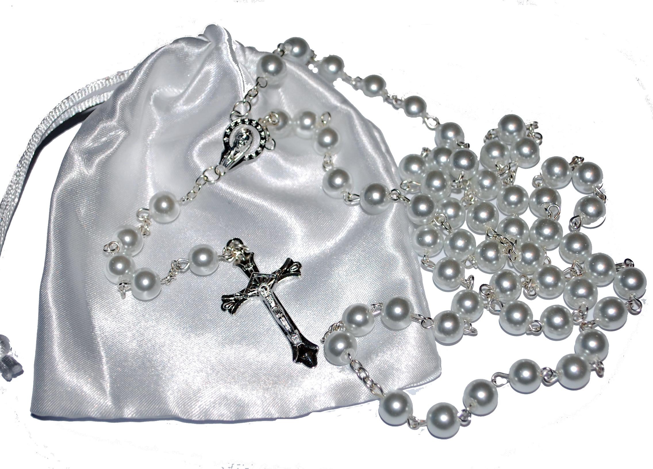 Amelia Mae First Holy Communion Rosary Beads Beautiful 1st Communion Keepsake Present Girls or Boys SetExcellent Quality Five Decade with Silver Crucifix, Chain, Pearl effect beads FREE satin pouch