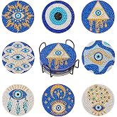 Cheriswelry 8Pcs Evil Eye Diamond Painting Coasters Set Bohemia Style Art Painting Coasters with Holder 5D DIY Diamond Painting Drink Mat Kits for Beginners Adults Kids DIY Coasters