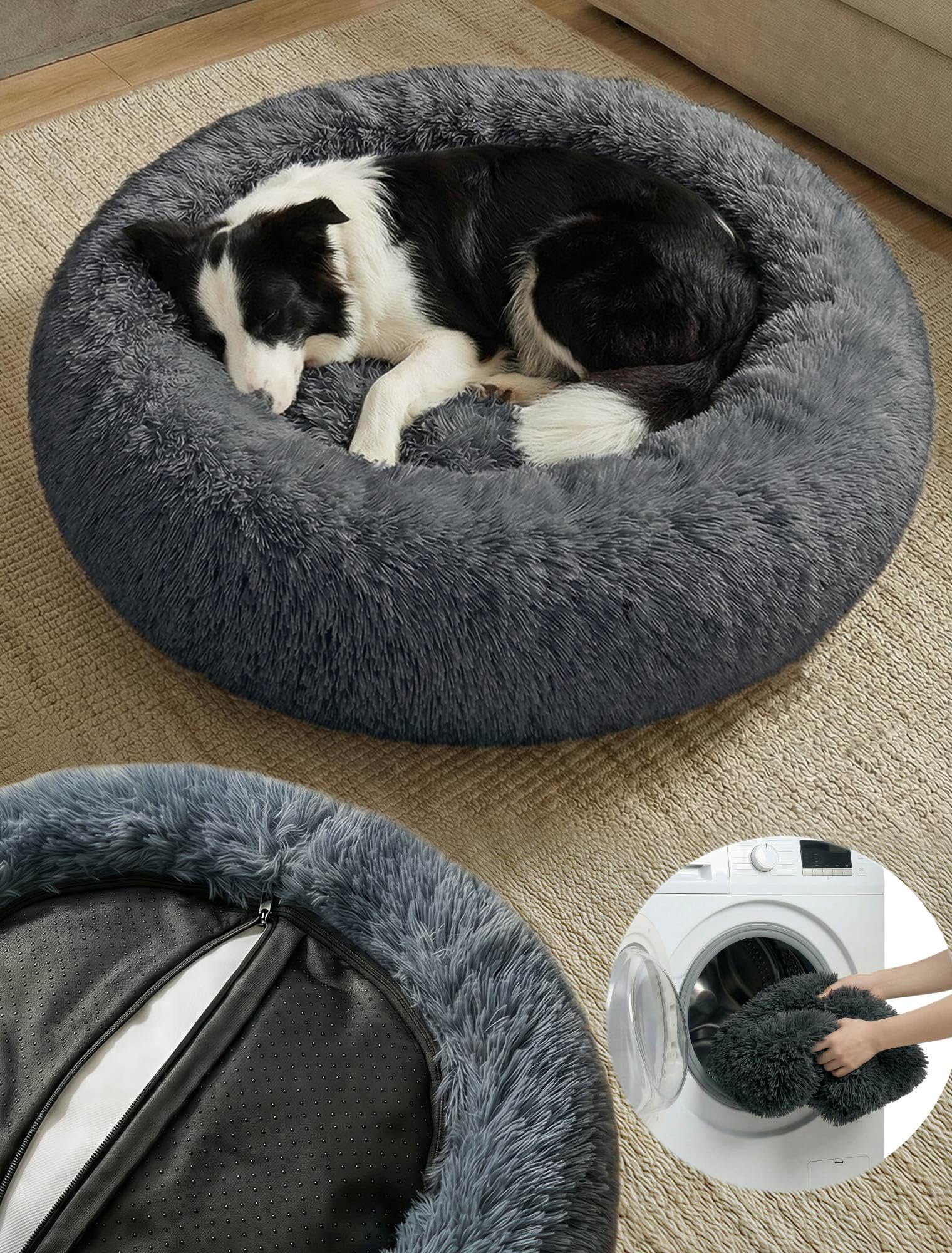 Moistu Large Dog Bed with Removable Cover - 70cm Nest Washable Donut Cat Dog Bed with Zip, Durable for 50+ Wash Cycles, Anti Anxiety Calming Fluffy Orthopedic Pet Beds, Non-slip Waterproof