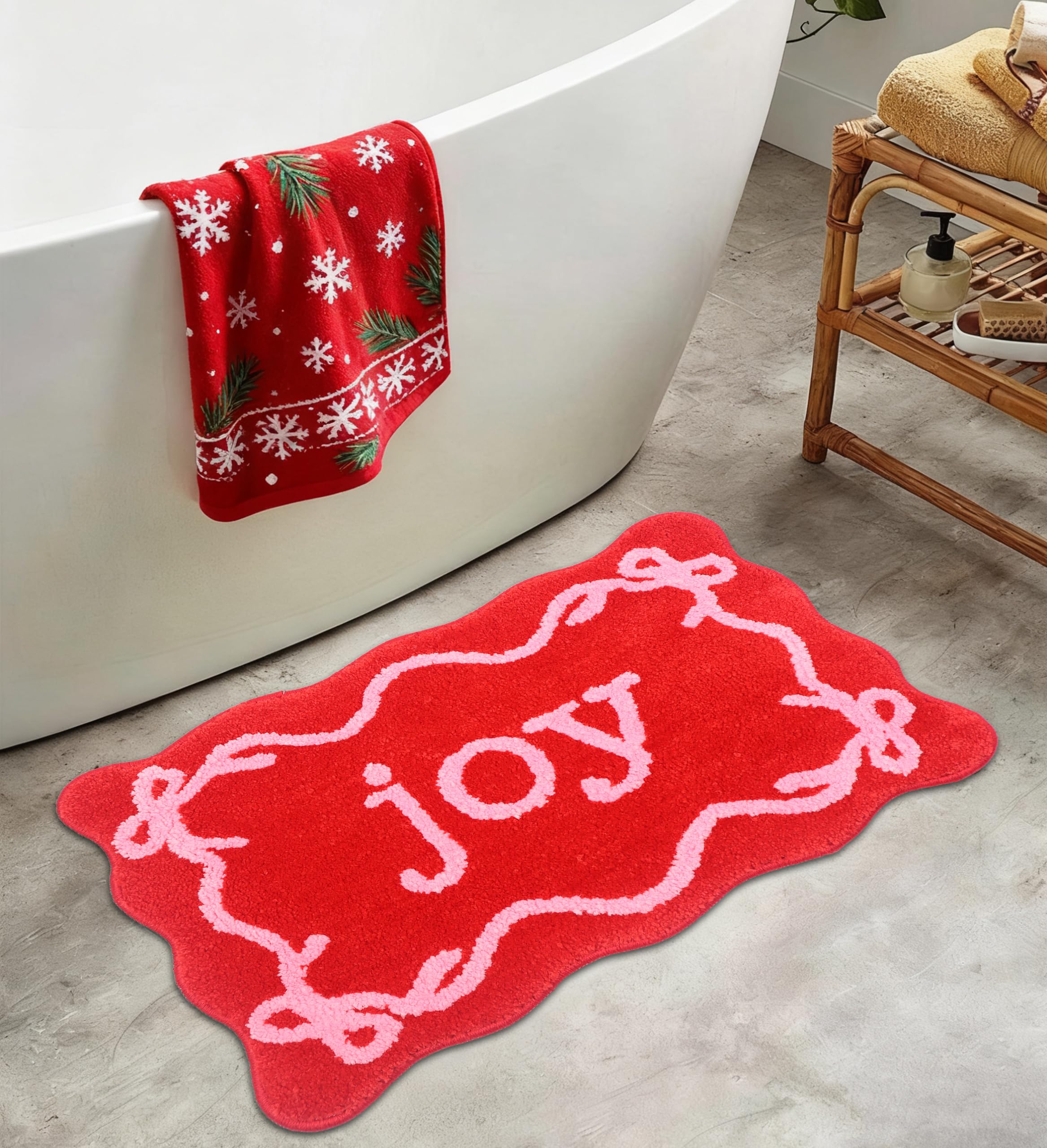 Photo 1 of 16x24 Inch Holiday Door Mat,Bath Rug, Non-Slip Xmas Bath Rug TPR Rubber Backed, Soft Long Pile Absorbent Bathroom Rug with "JOY", Festive Door Mat for Bathroom, Kitchen, Winter ,New Year Decor