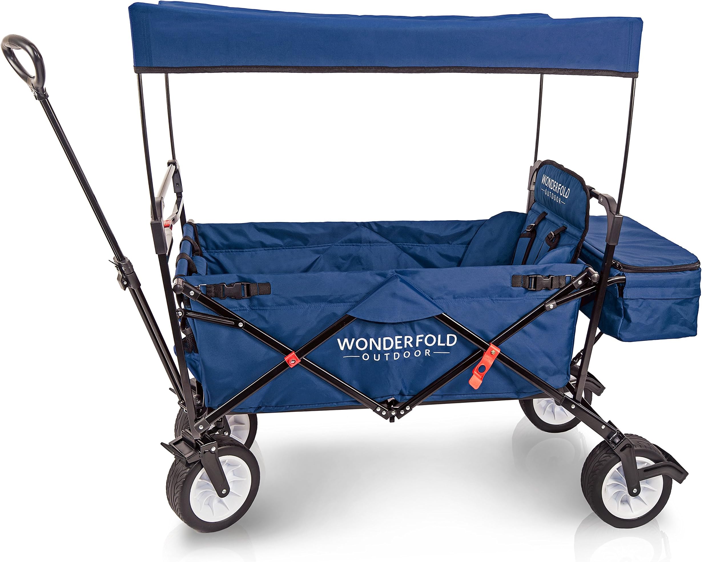 WonderFold Outdoor Premium Folding Wagon With Canopy, Stand, One Pedal Brake, Wide EVA Tire & One Wagon Seat with 5-Point Seat Belt (Midnight Blue)