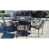 Grand Tuscany Cast Aluminum Powder Coated 7pc Outdoor Patio Dining Set with 52" Round Firegas Table with Sunbrella Cushions- Antique Bronze