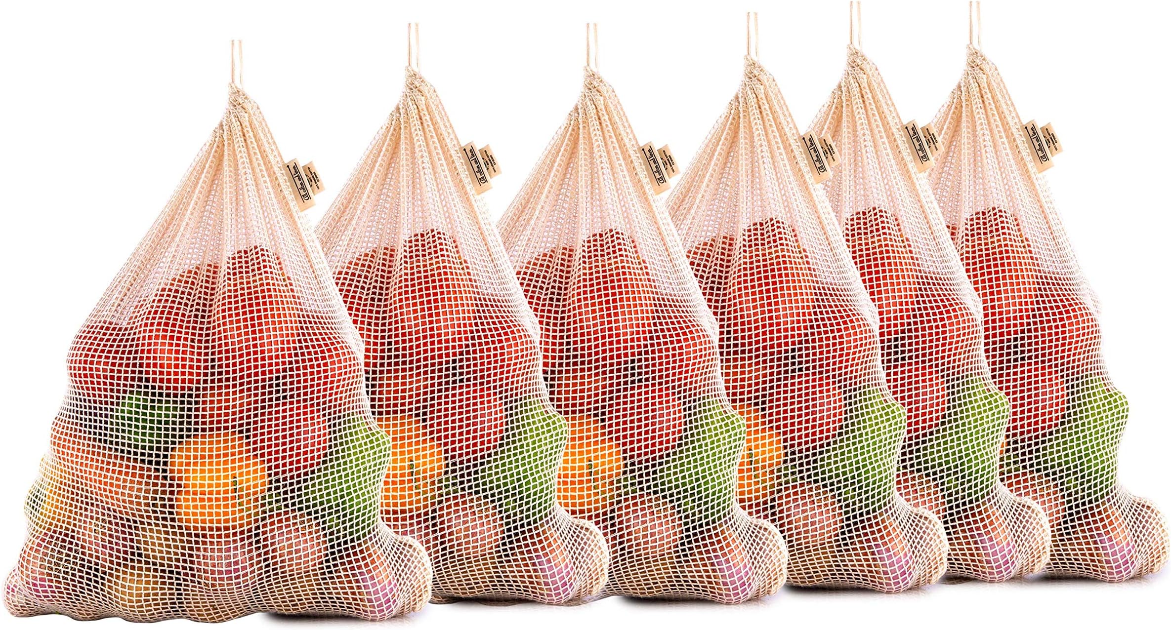 Reusable Mesh Produce Bags - Cotton Mesh Produce Bags - Cotton Grocery Shopping Bags - Reusable Vegetable Bags Cotton - Reusable Fruit and Vegetable Bags - Cotton Vegetable Bags Set of 6(Large)