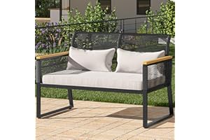 YITAHOME Patio Loveseat Wicker Outdoor Furniture, All Weather Rattan Conversation Loveseat for Backyard, Balcony and Deck with Wooden Armrest, Gray Cushions (Black)