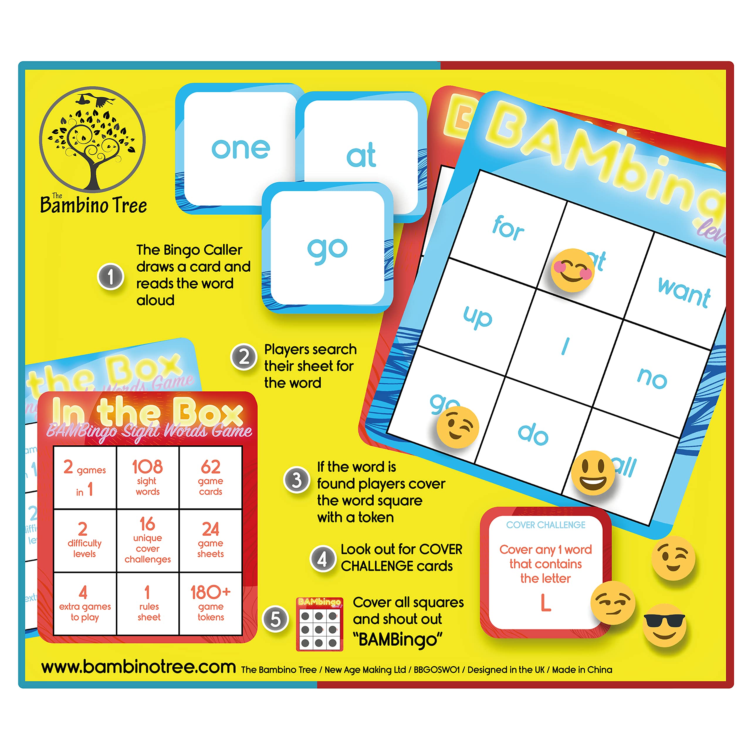 THE BAMBINO TREE Sight Word Bingo Game Level 1 and 2 - Educational Games for Kids - Learn to Read Vocabulary for Kindergarten 1st Grade - Dolch's Fry's Words Lists