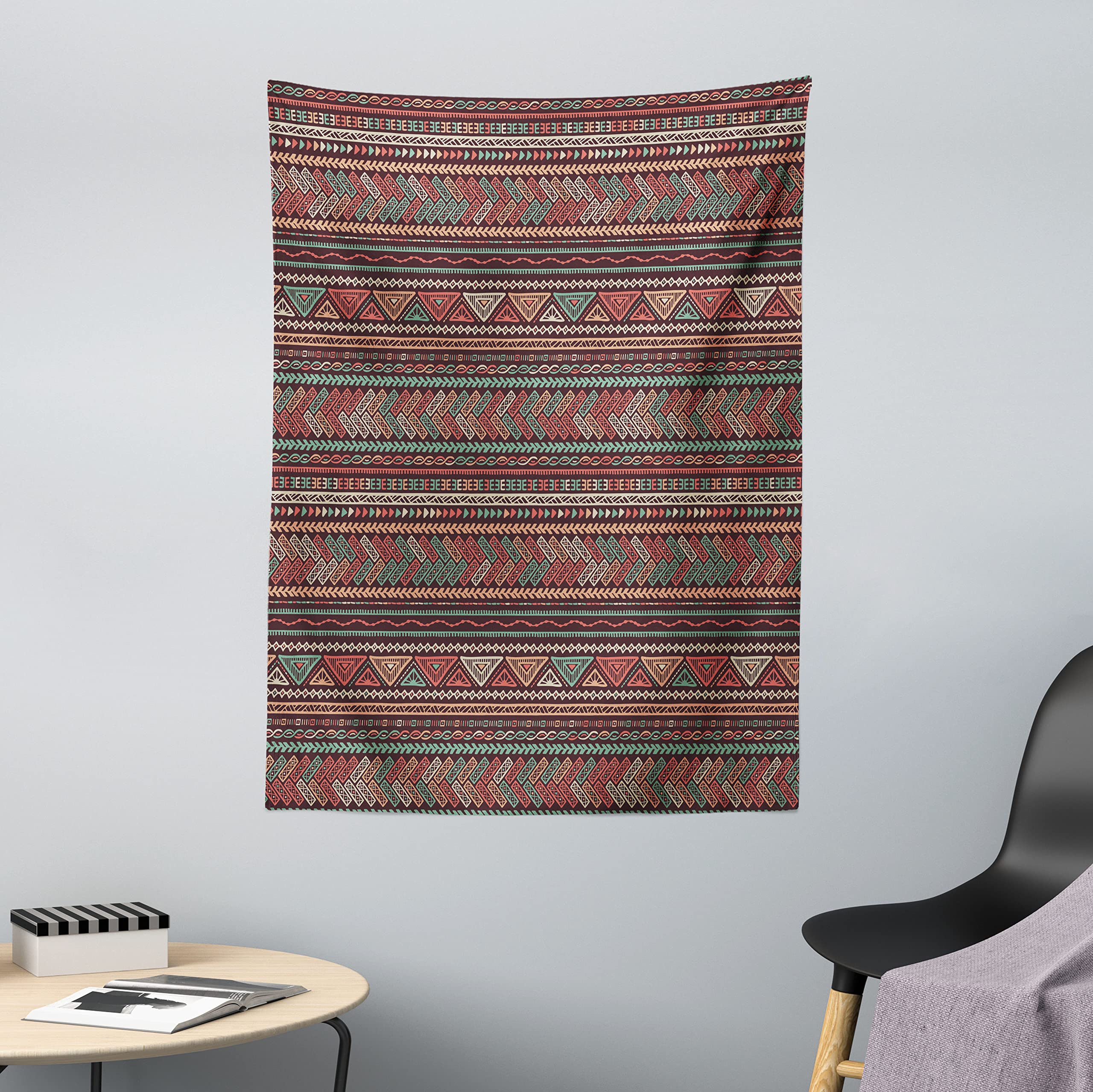 ABAKUHAUS Boho Tapestry, Hand Drawn Composition of Triangles Colorful Latin American Folklore Motifs, Fabric Wall Hanging Decor for Bedroom Living Room Dorm, 110 x 150 cm, Teal Pink