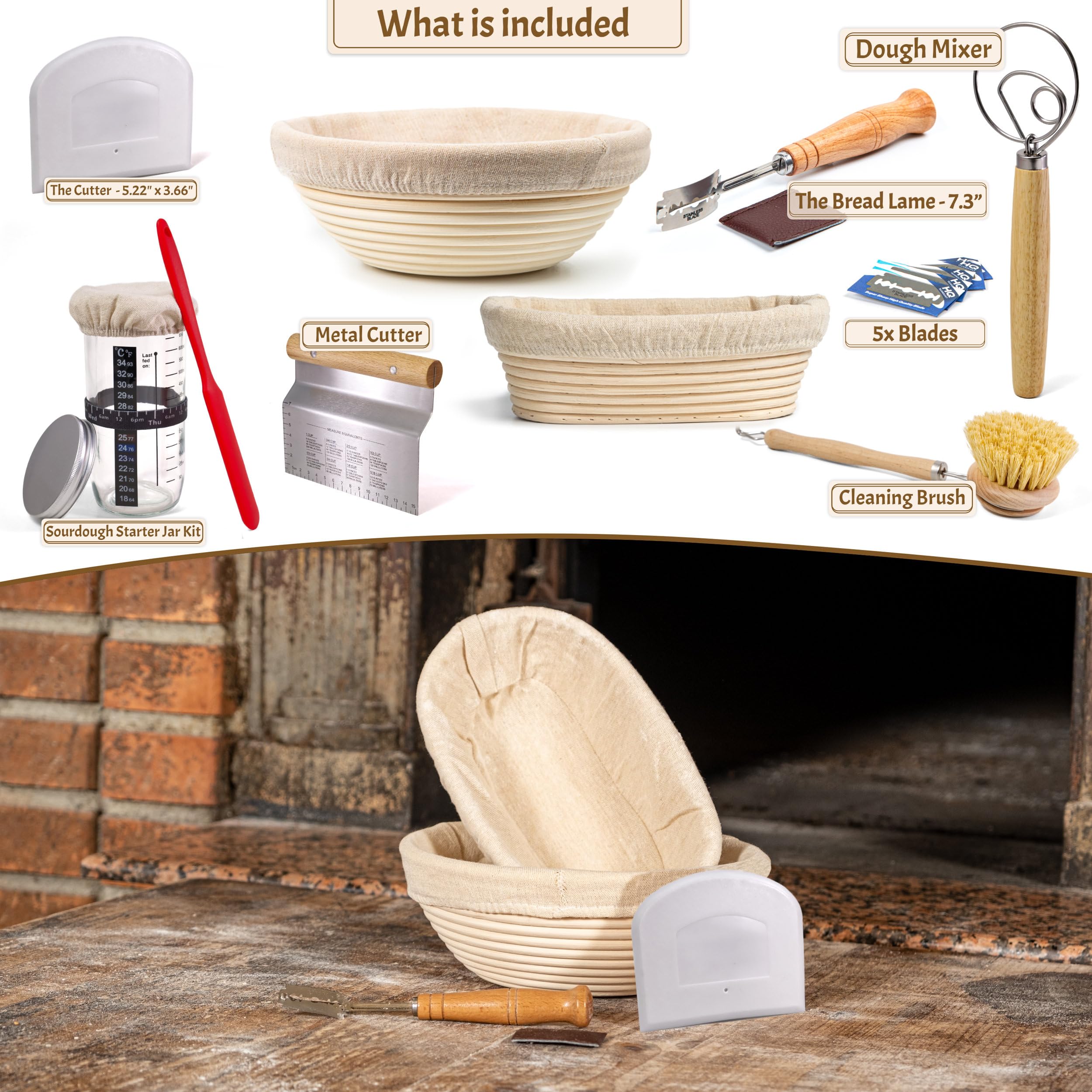 CRISS ELITE Sourdough Bread Baking Supplies Starter Kit, Banneton Proofing Basket 9'' Round and 10” Oval, Sourdough Starter Jar, Scraper, Scoring Lame, Brush, Short Danish Whisk, Gift Set