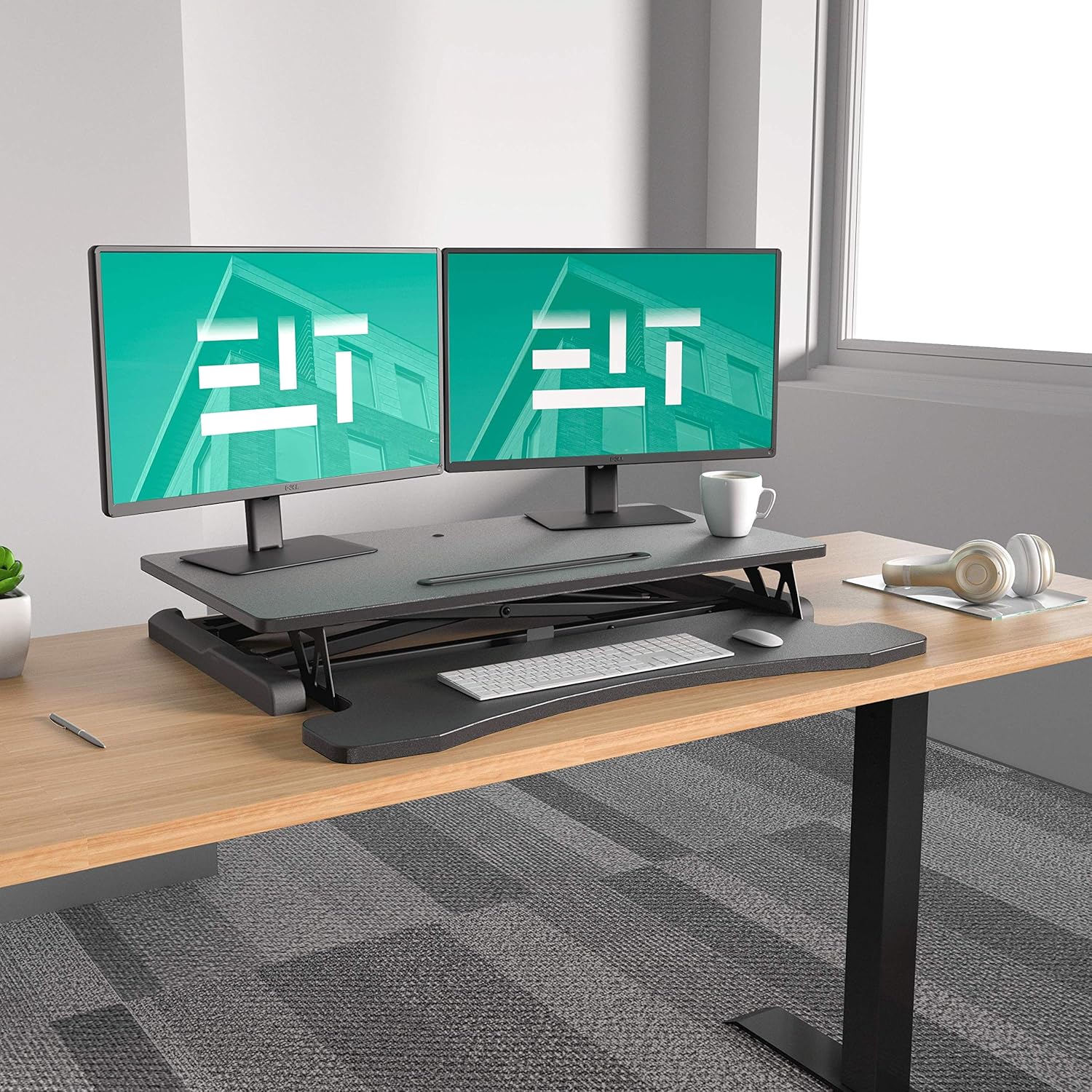 Amazon Com Eletab Standing Desk Converter Sit Stand Desk Riser Stand Up Desk Tabletop Workstation Fits Dual Monitor 32 Inches Black Office Products