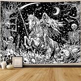 Lifeella Gothic Skeleton Tapestry, Horror Moon Skull Dark Death Grim Reaper Wall Art for Bedroom Grunge Room Decor, Black and White 36x48 inches