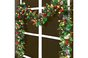 GUOOU 9 Foot Christmas Lighted Garland, Battery Operated Christmas Garland with Lights, Pre Lit Garland Wreath with Pine Cones for Indoor Home Winter Holiday New Year Xmas Decorations