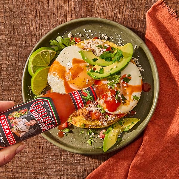 CHOLULA HOT SAUCE, EXTRA HOT, PRODUCT OF MEXICO, BLEND OF ARBOL & PIQUIN PEPPERS FOR BRINGING EXTRA HOT HEAT TO TACOS, EGGS, PIZZA AND MORE, 5 FL OZ