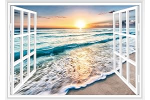 FLFK Fake Window Wall Sticker - Sunset Beach Faux Window Wall Mural for Wall Decor, Stick and Peel Wall Decals,16"x24"