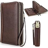 Top Grain Genuine Leather Zipper Clutch Wristlet Wallet for Man & Woman, Handmade, Multi Slots & Pockets & Combination Lock, RFID Large Capacity for Cards/Checks/Passports/Phone/Pen/AirTag, Red Coffee