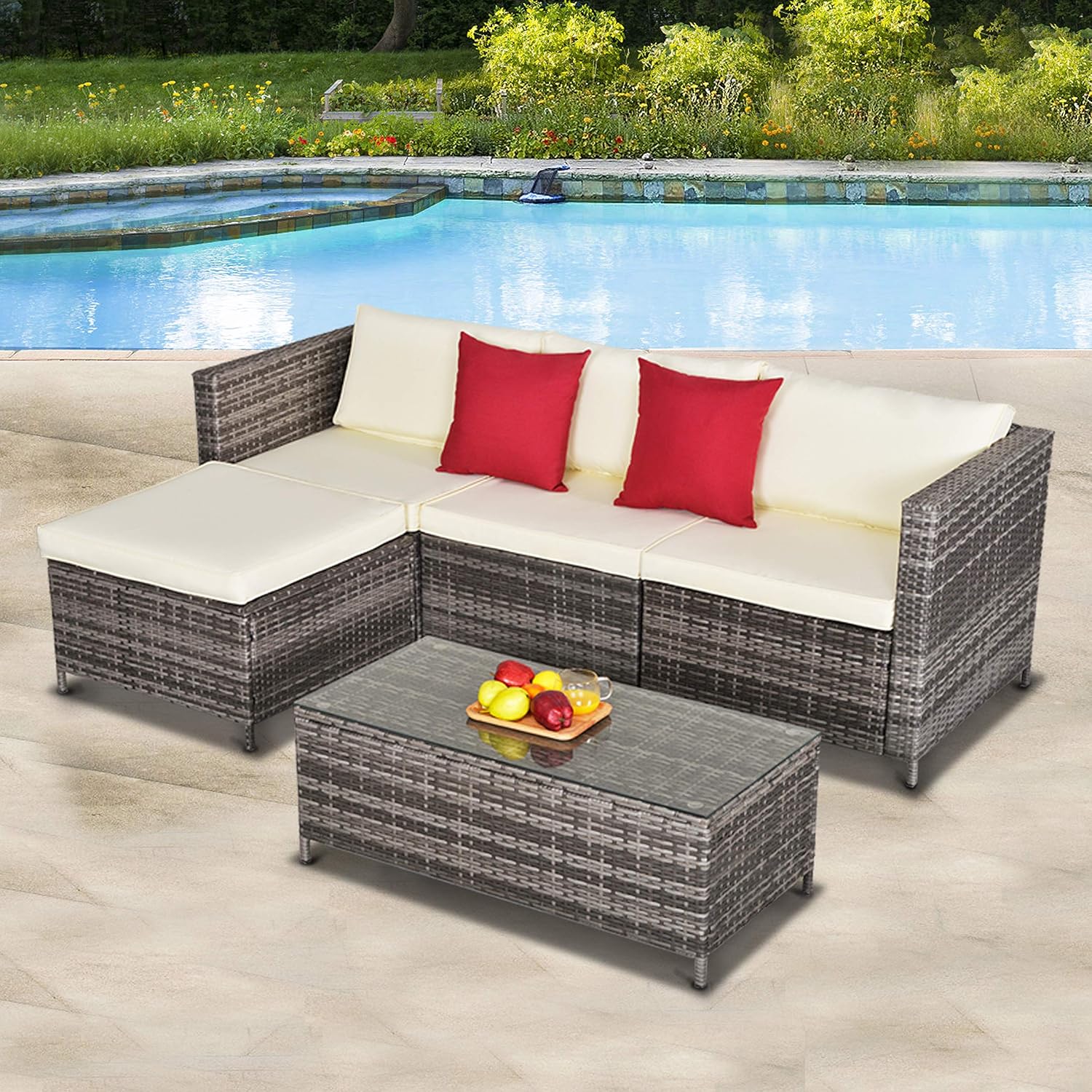 5 Pieces Outdoor Patio Furniture Set, All-Weather Outdoor Small Sectional Patio Sofa Set, Wicker Rattan Patio Sofa Couch Conversation Set w/Ottoman, Cream White Washable Cushions, Grey: Garden & Outdoor