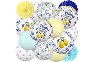 15PCS Lemon Paper Lanterns Party Decorations: Amalfi Coast Capri Yellow Blue Tiles Mediterranean Hanging Decor for Bridal Sho