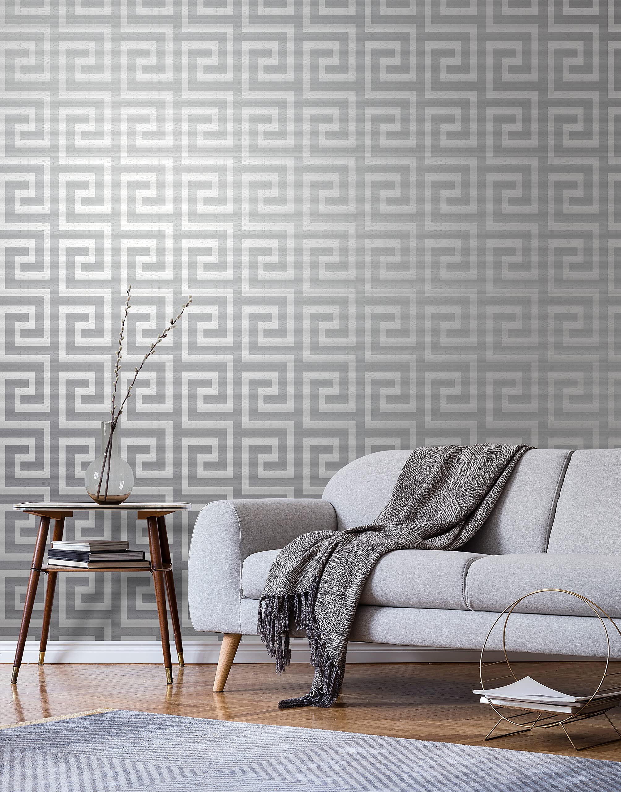 Exclusive Athens Wallpaper Giorgio Greek Key Soft Silver White GL0026 Full Roll