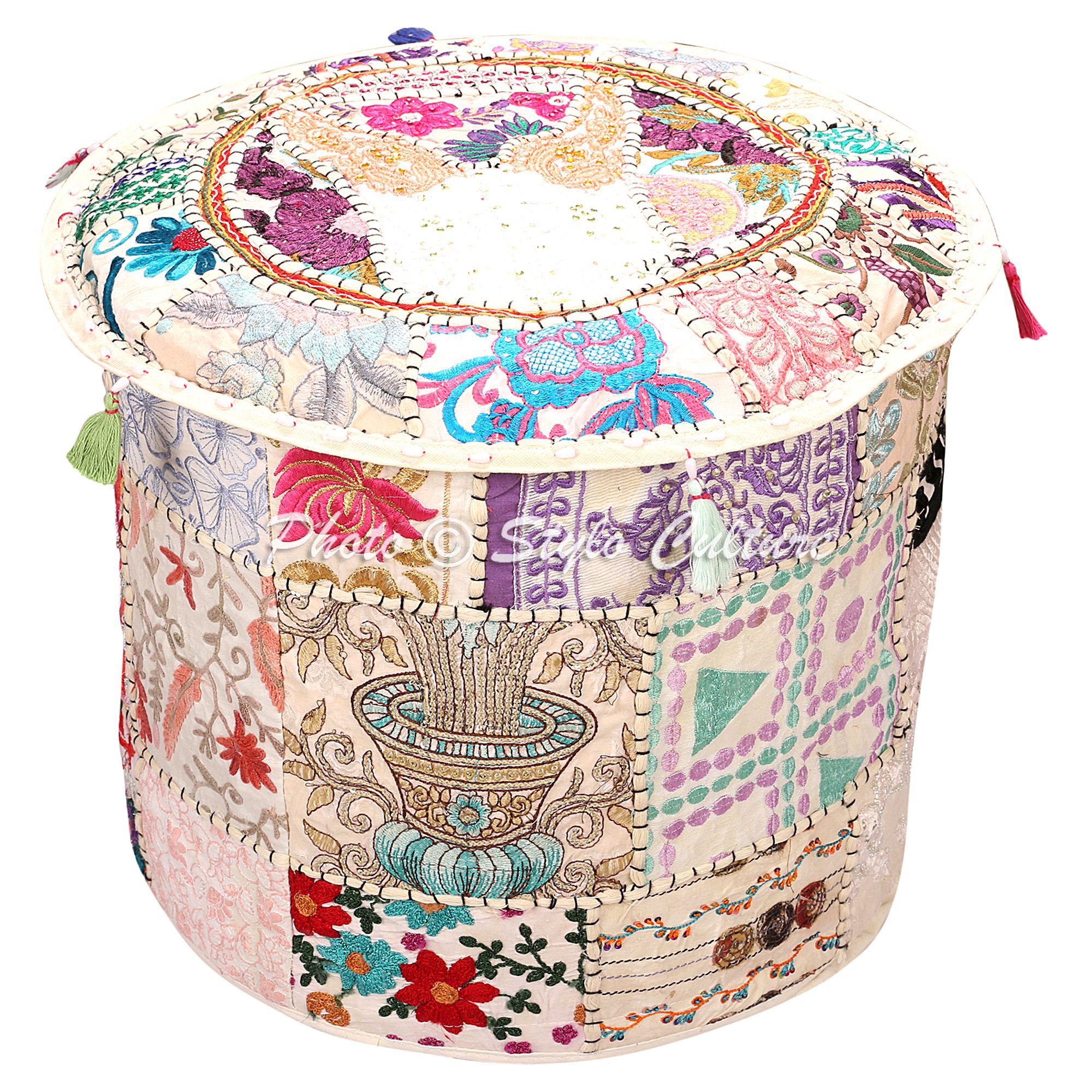Stylo Culture Pouffe And Footstool Large Vintage Bean Bag Cover White Indian Embroidered Patchwork Cotton Traditional Round Fabric Ottoman Pouf Cover (16x16x13 Inch) 40cm (COVER ONLY)