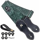 Nefelibata Guitar Strap with Pick Pocket,2.3 inch Porter Style Vegan Leather Carving Guitar Straps,60s Vintage Style Include Guitar Pick,Strap Button and Strap Lock (Green)