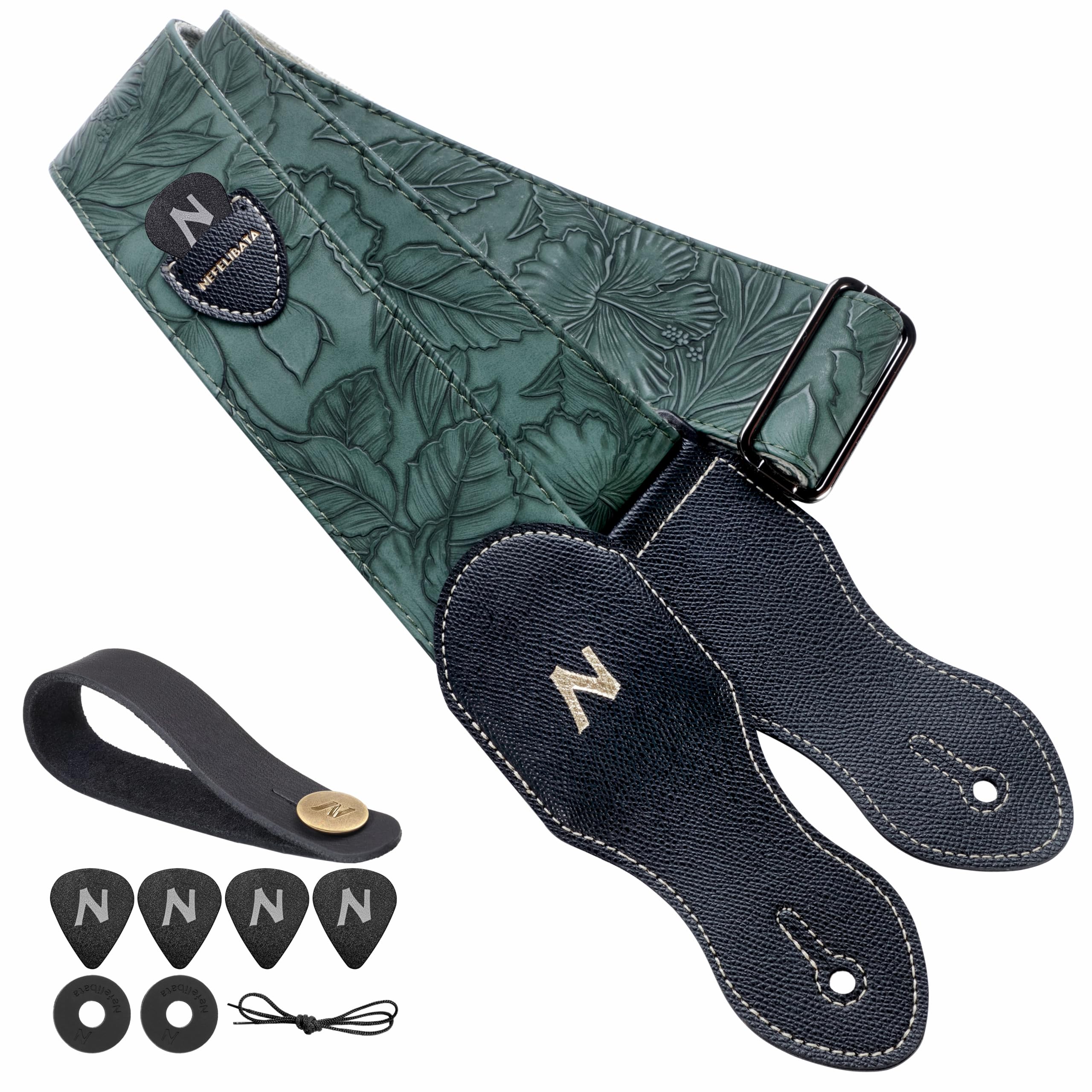 Nefelibata Guitar Strap with Pick Pocket,2.3 inch Porter Style Vegan Leather Guitar Straps, 60s Western Vintage,Guitar Pick,Strap Button and Strap Lock (Green)