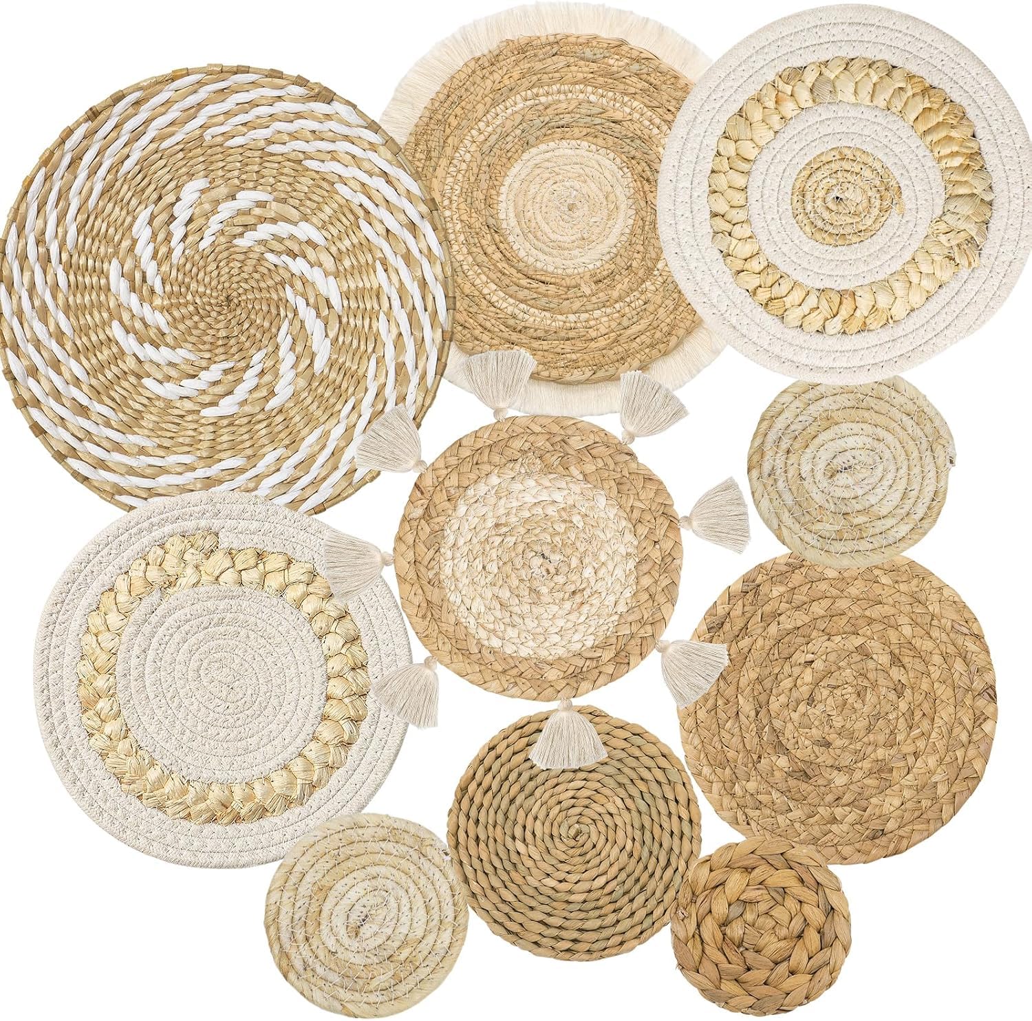 Weldomcor Boho Wall Decor Set of 10 Rattan Flower Wall Decor Woven Wall Basket Decor Handmade Seagrass Round Wall Decor Chic Wall Art for Home Living Room Bedroom Farmhouse Nursery Decor