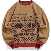 ZAFUL Men's Ethnic Knit Sweater Vintage Graphic Long Sleeve Pullover Crew Neck Striped Jumpers