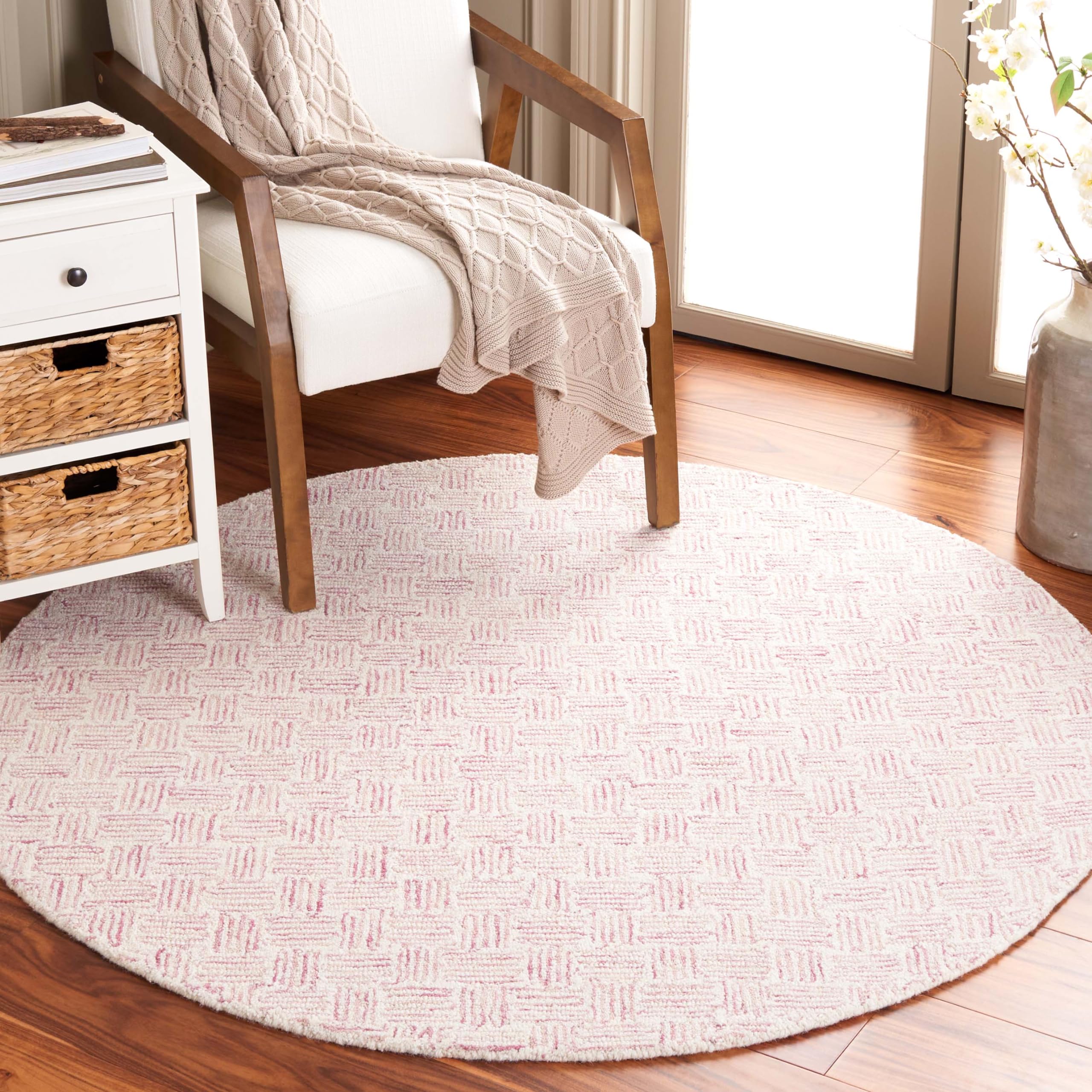 SAFAVIEH Micro-Loop Collection Area Rug – 5′ Round, Pink & Ivory, Geometric Design, Handmade Wool, Ideal for The Living Room, Bedroom, Dining Room (MLP537U-5R)