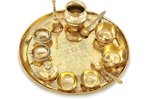 NOBILITY Brass Pooja Thali Set 12 Inch with Pital Puja Plate Kalash Bowl Spoon Palli Ghanti Kuber Diya Chandan Wati Dhup Dan Arti Thali for Diwali Home Office Mandir Wedding Return Gift Items