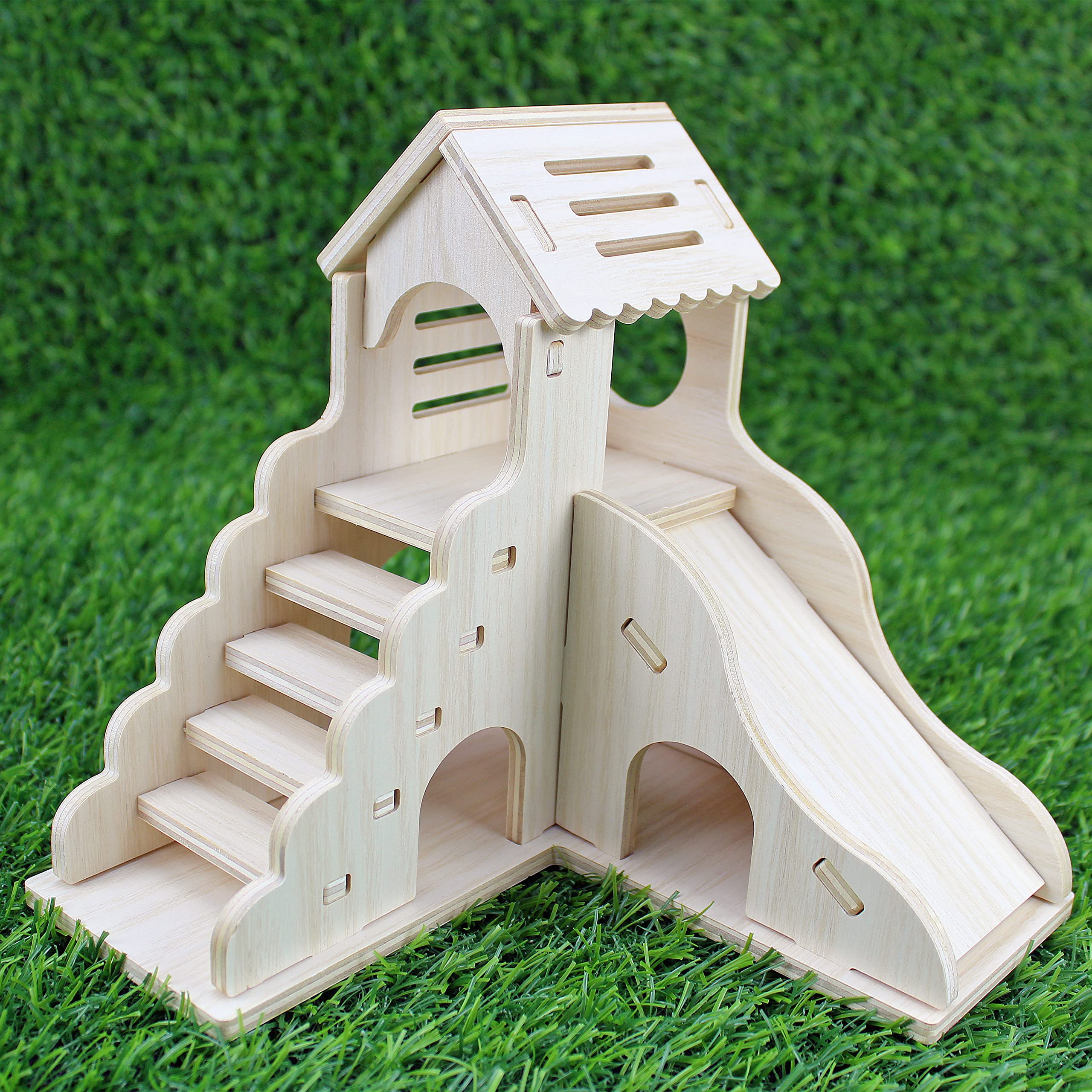 YankMooM Hamster House with Stairs Slide,Washable Wooden Hamster Play Slide Boredom Breaker Small Pet Activity Toy for Hamster Chinchilla and Other Small Animals