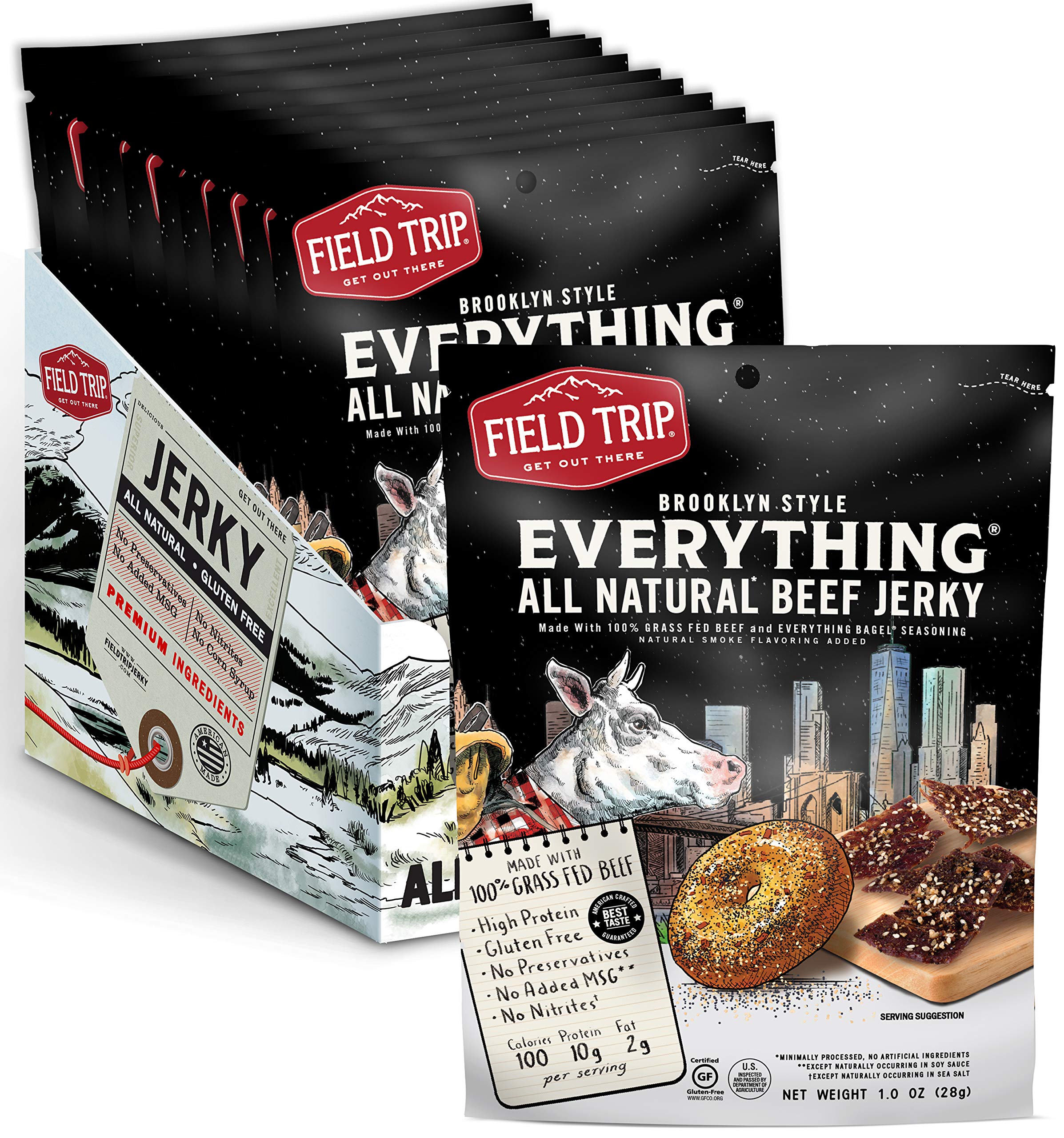Field Trip Beef Jerky | Gluten Free Jerky, Low Carb, Healthy High Protein Snacks With No Nitrates, Made With All Natural Ingredients | Everything Bagel | 1oz Bags, 12 Pack