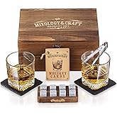 Mixology & Craft Whiskey Stones Gift Set, Two 10oz Crystal Whiskey Glasses, 8 Granite Chilling Rocks, 2 Slate Coasters, Metal Tong & Cocktail Recipe Cards in Wooden Box - Square Glass Shape