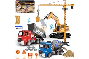 lausomile 4-in-1 Kids Remote-Control-Construction Vehicle Toy Set with Rechargeable RC-Excavator & Friction-Powered Crane Dump Cement Mixer Truck,Christmas Birthday Gifts for Boys Girls Ages 6-12+