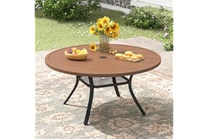 ARKOST 47.2" Patio Dining Table for 6, Round Outdoor Metal Dining Table with Umbrella Hole for Lawn Garden Backyard, Walnut