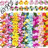 Moon Boat 60 Pieces Hawaiian Luau Leis - Tropical Tiki Hibiscus Flowers for Summer Pool Party Favors Supplies Decorations - 10 Styles