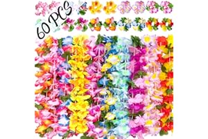 Moon Boat 60 Pieces Hawaiian Luau Leis - Tropical Tiki Hibiscus Flowers for Summer Pool Party Favors Supplies Decorations - 10 Styles