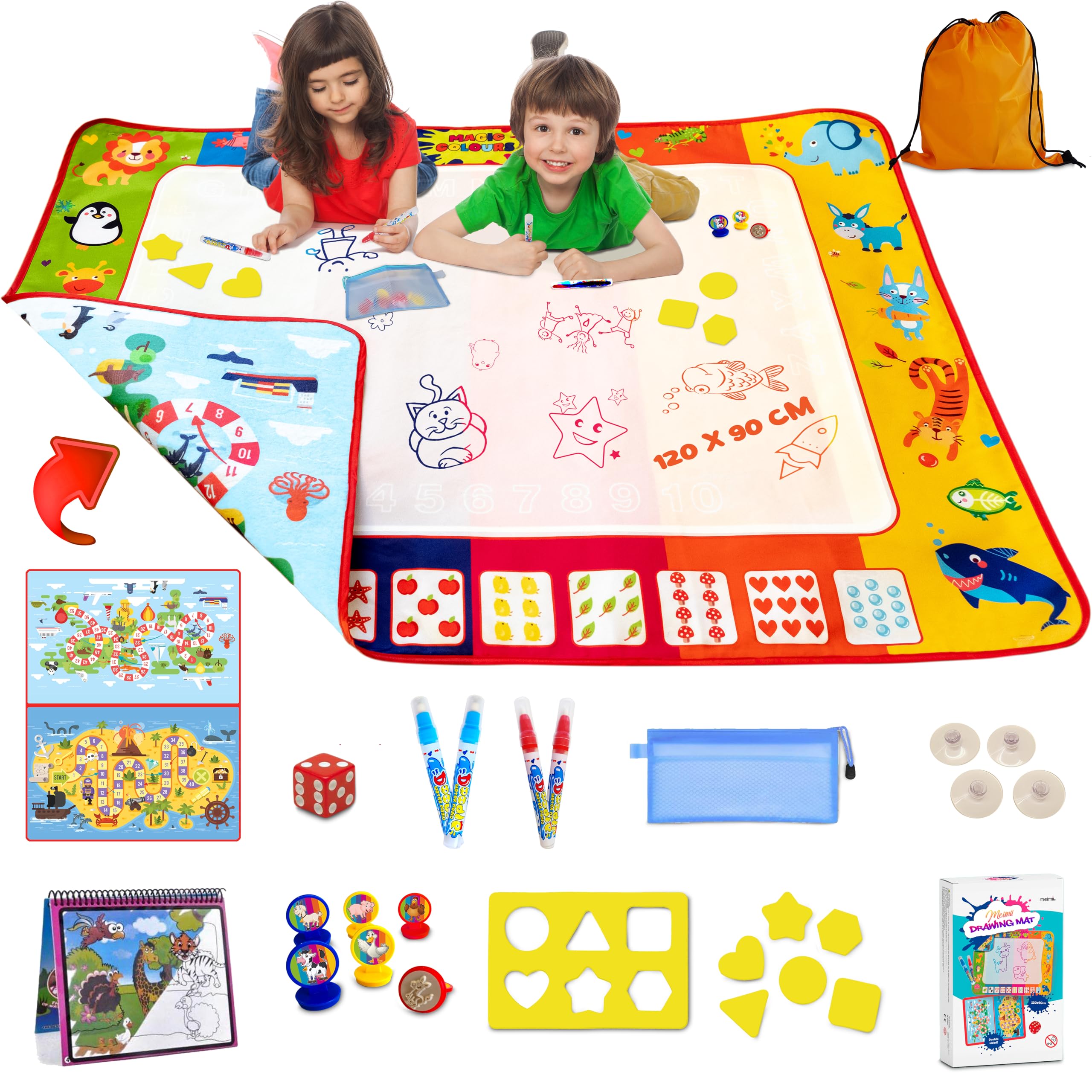Meimii Magic Rug 120 x 90 cm, 3-in-1 Play Mat with Accessories, Educational Toy for Drawings, Water, Board Games, Coloring Book, Ages 3 Years and Up