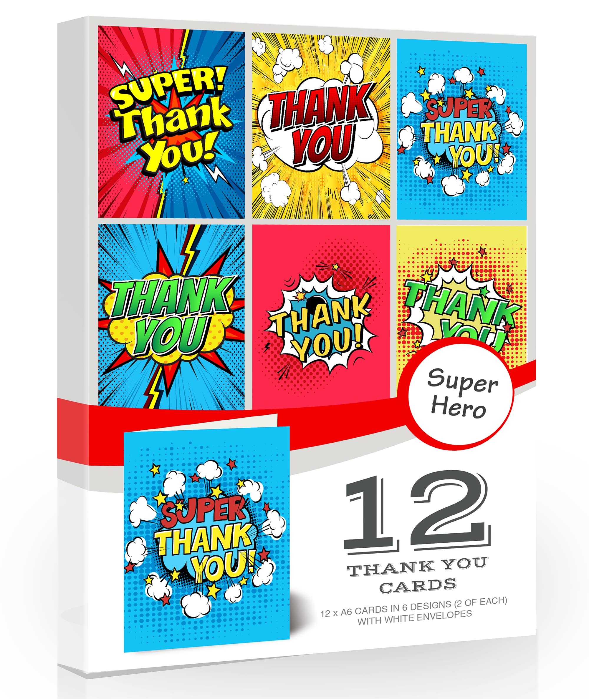 12 x Superhero Themed Thank Cards - Multipack of mixed designs with white envelopes. UK made and fully recyclable.