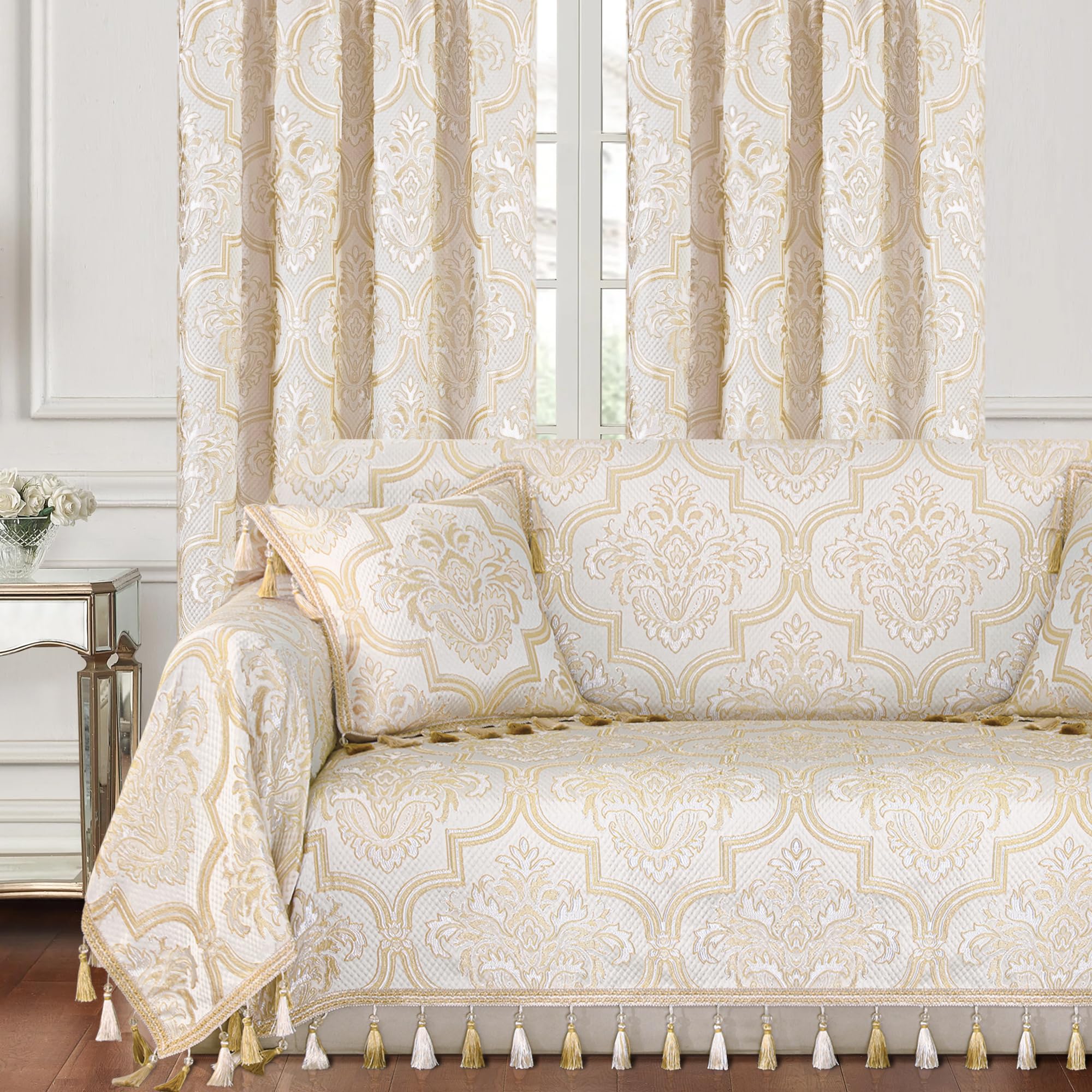 Photo 1 of Loom and Mill Luxury Elegant Sofa Covers, European Damask Floral Couch Cover Sofa Throw Cover with Tassels for 2-3 Cushion Couch, Sectional Couch Covers Sofa Slipcover for Dogs, Beige Gold, 71" X 118"
